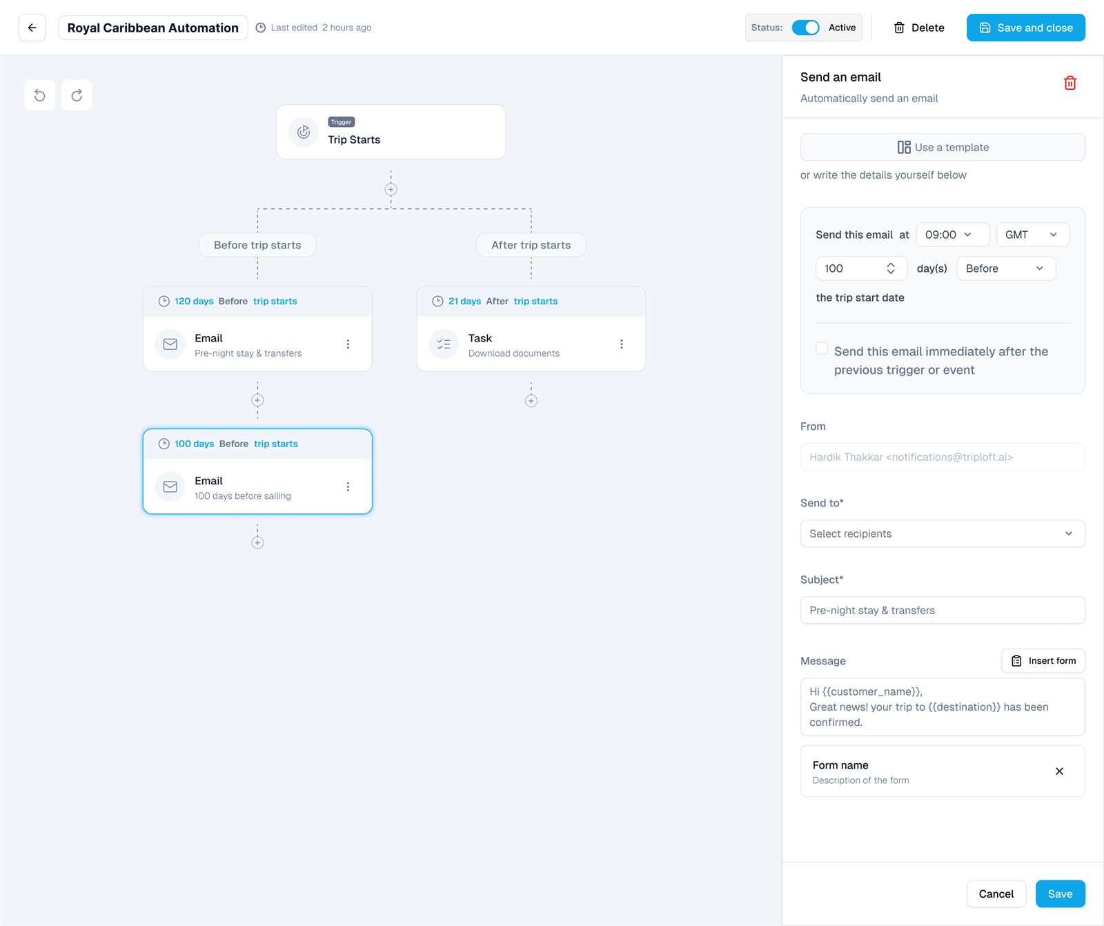 TripLoft automation flow builder