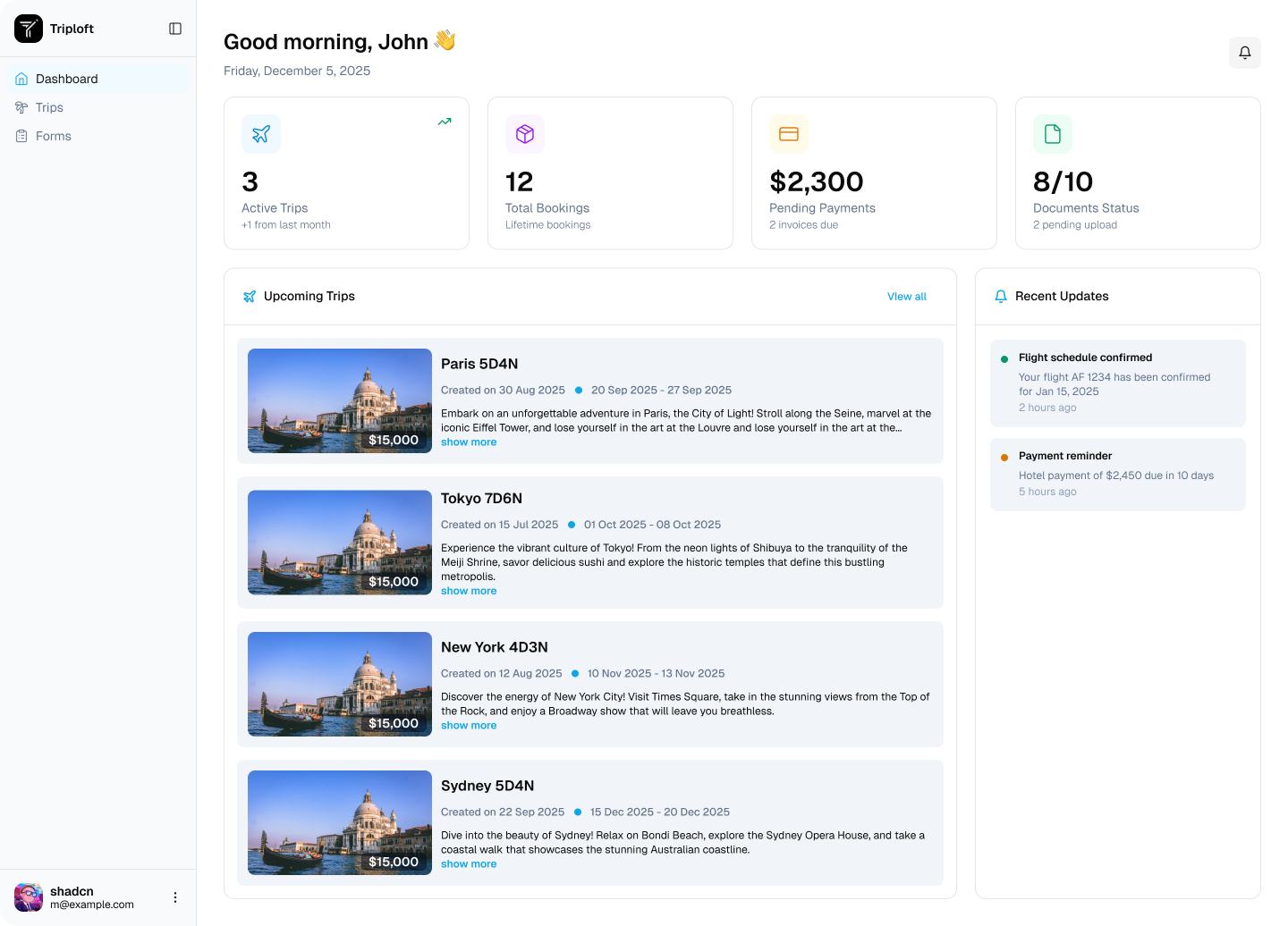 TripLoft client portal dashboard