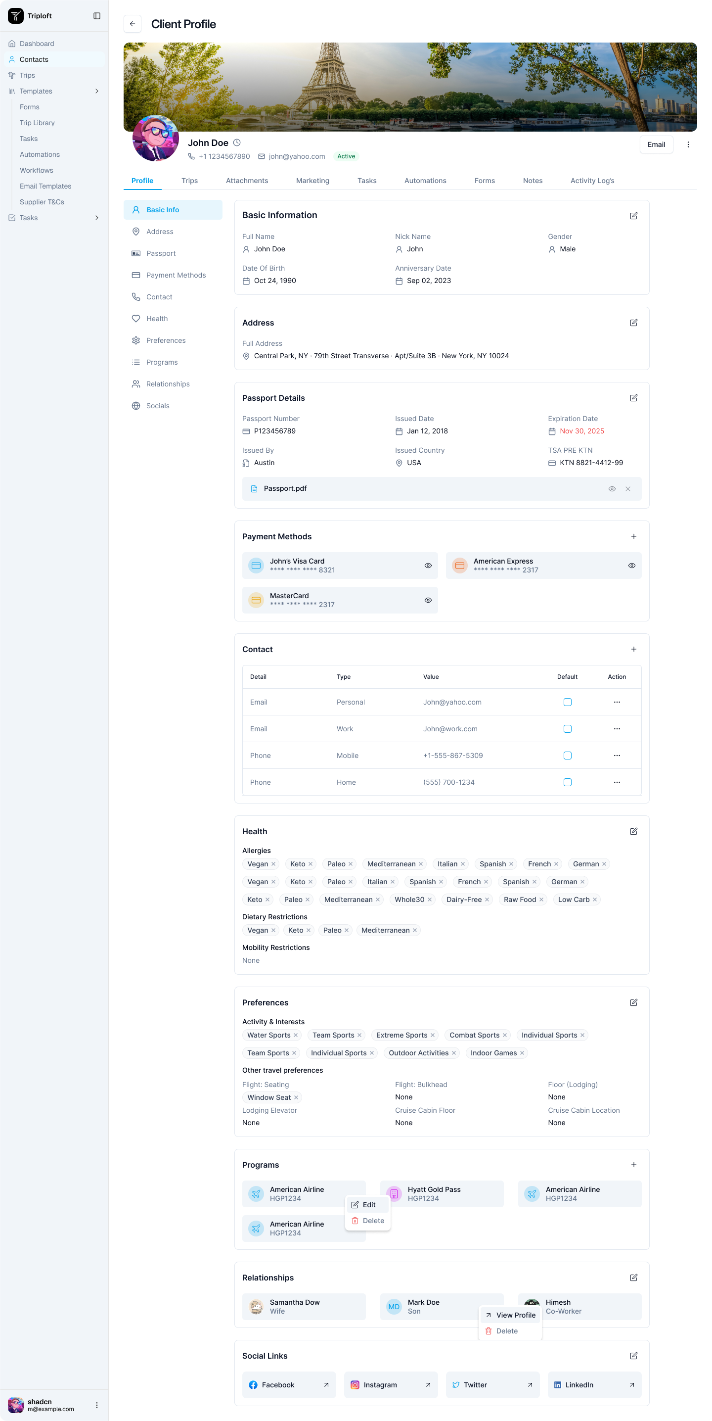 TripLoft client profile dashboard