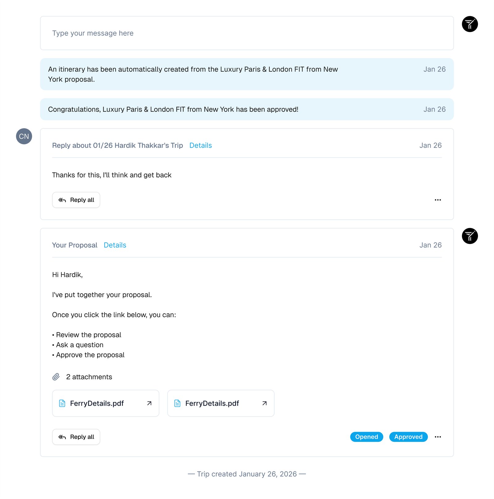 TripLoft client messaging thread
