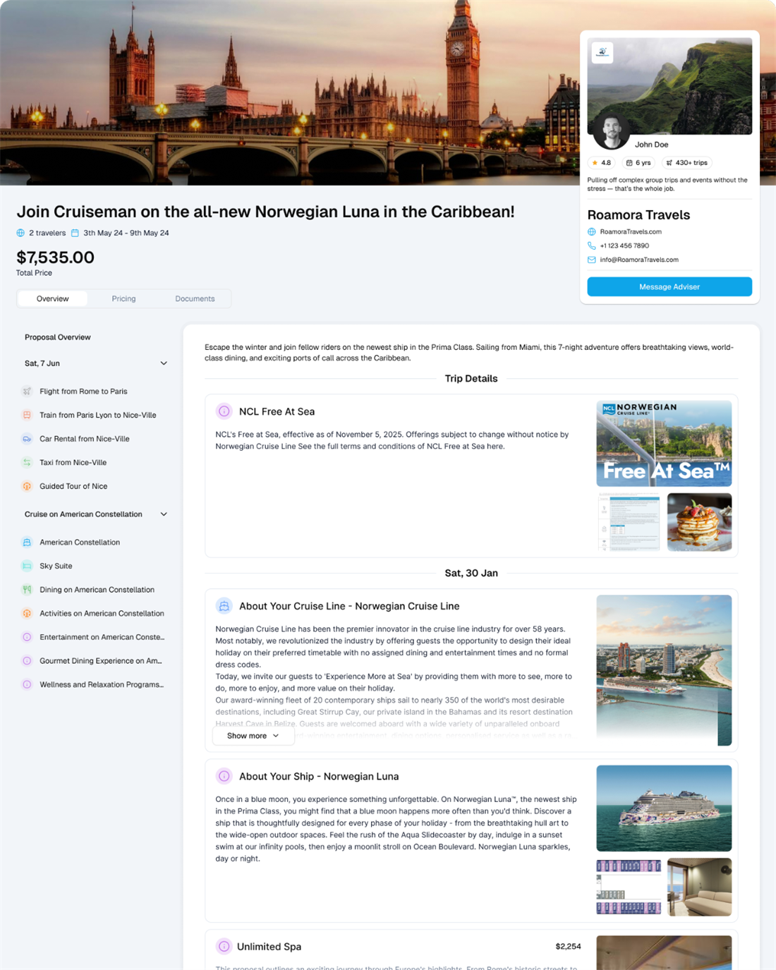 TripLoft trip proposal with pricing and itinerary